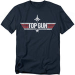 Navy blue t-shirt with the classic Top Gun logo featuring a fighter jet, star, and red-and-white winged stripes across the chest.