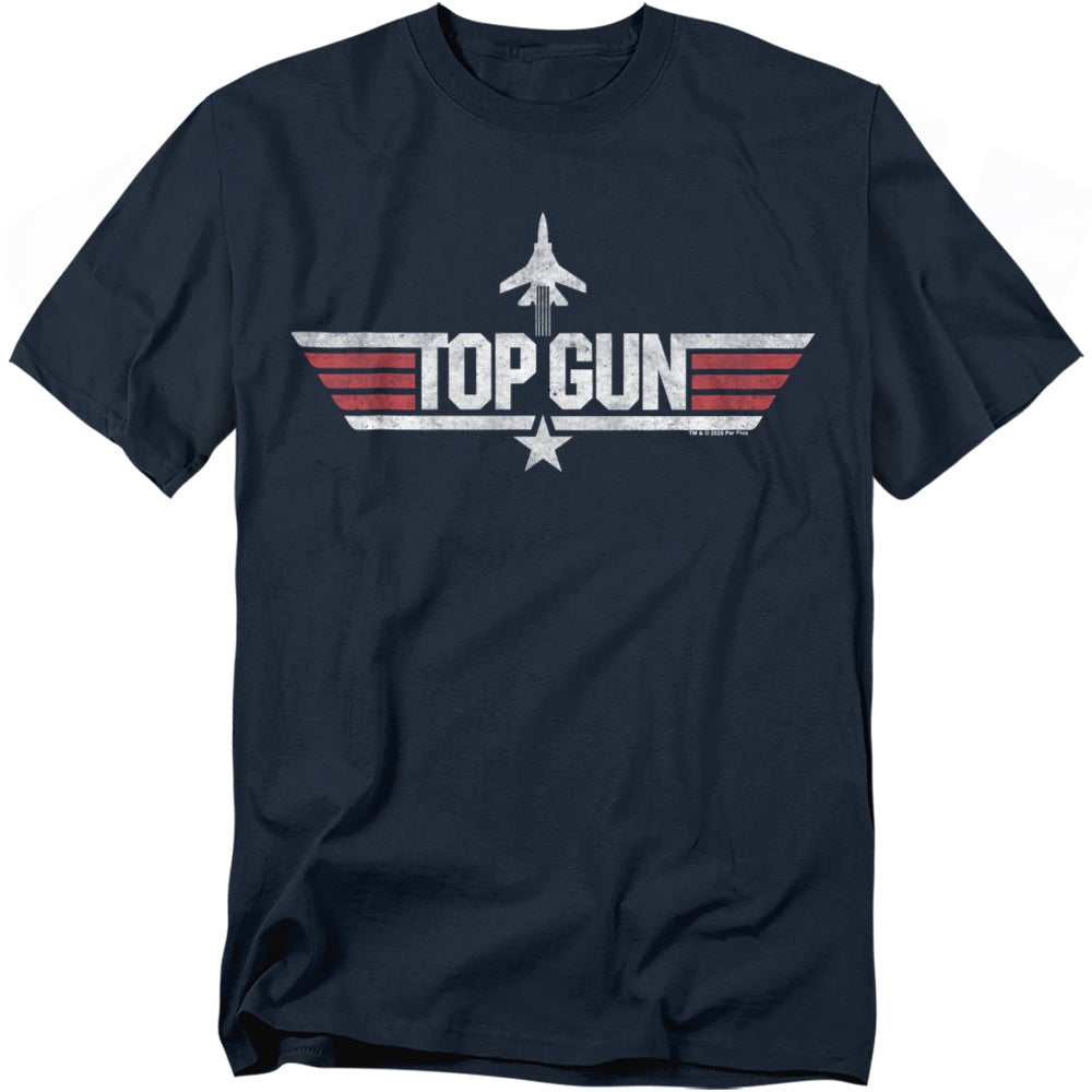 Navy blue t-shirt with the classic Top Gun logo featuring a fighter jet, star, and red-and-white winged stripes across the chest.