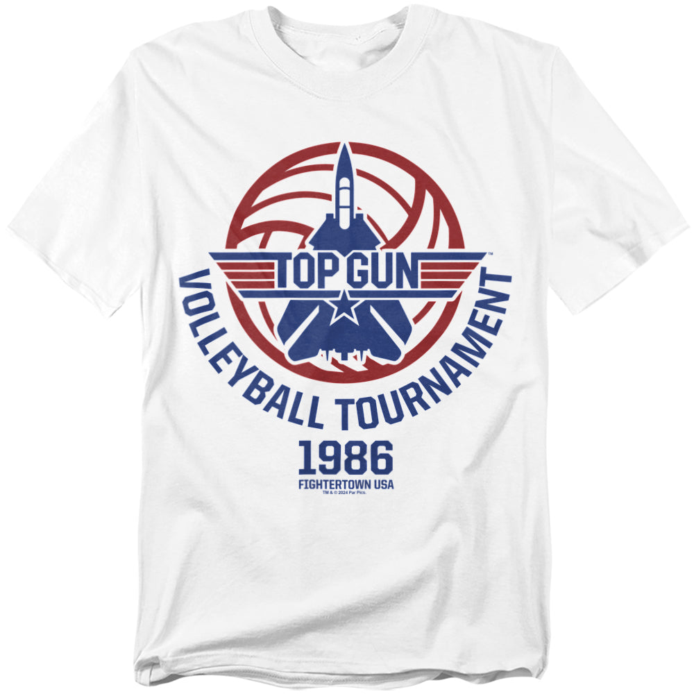 White T-shirt with red and blue Top Gun 1986 Volleyball Tournament graphic featuring jet emblem and volleyball.