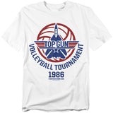 White T-shirt with red and blue Top Gun 1986 Volleyball Tournament graphic featuring jet emblem and volleyball.