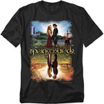 Black t-shirt featuring The Princess Bride with Westley and Buttercup in front of a castle, mirrored reflection design.