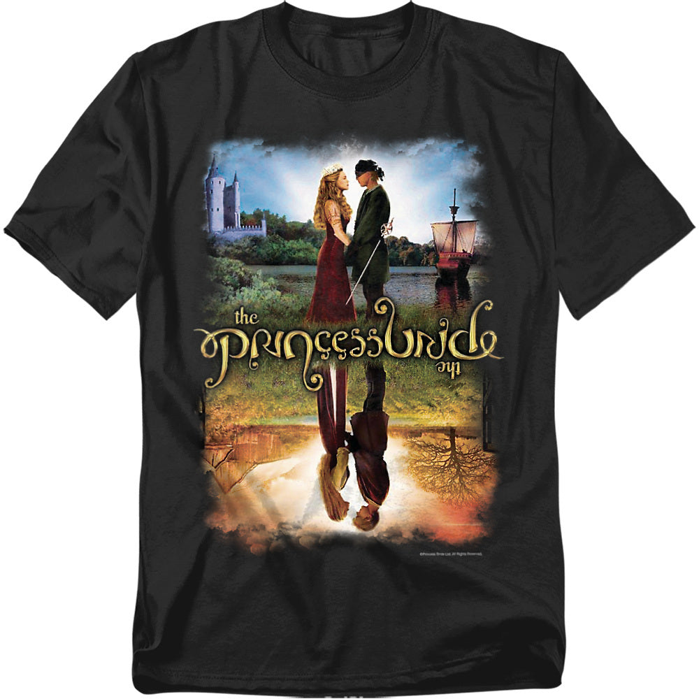Black t-shirt featuring The Princess Bride with Westley and Buttercup in front of a castle, mirrored reflection design.
