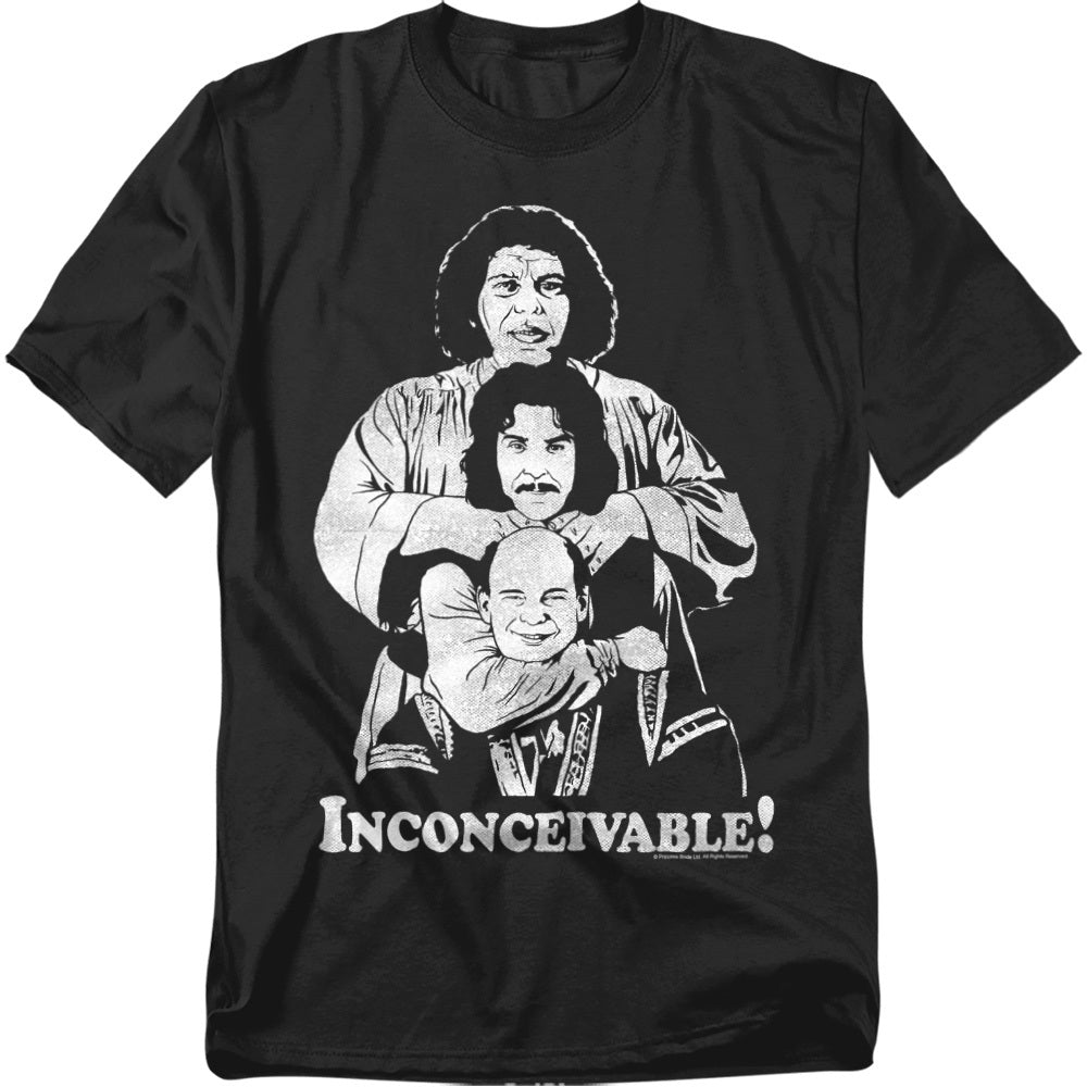 Black t-shirt with black-and-white graphic of Fezzik, Inigo, and Vizzini from The Princess Bride, stacked vertically with the word “Inconceivable!” underneath.