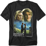 Black t-shirt with The Princess Bride movie poster-style graphic, featuring portraits of Westley and Buttercup above a romantic scene of the two characters holding hands.
