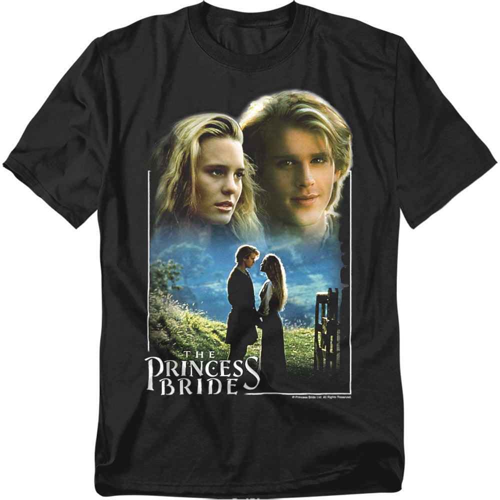 Black t-shirt with The Princess Bride movie poster-style graphic, featuring portraits of Westley and Buttercup above a romantic scene of the two characters holding hands.