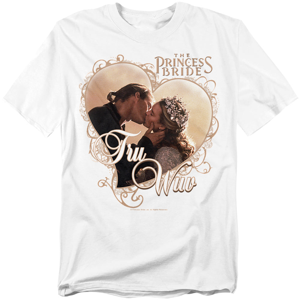 White t-shirt featuring Westley and Buttercup kissing inside ornate heart frames with the words “Tru Wuv” and The Princess Bride logo above.