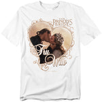 White t-shirt featuring Westley and Buttercup kissing inside ornate heart frames with the words “Tru Wuv” and The Princess Bride logo above.