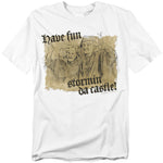 White t-shirt with a vintage sketch of Miracle Max and Valerie waving, with the text “Have Fun Stormin’ Da Castle” in bold medieval-style font.