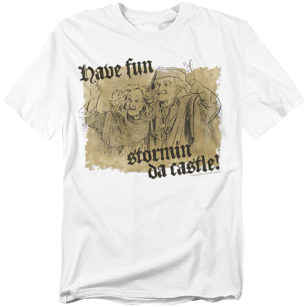White t-shirt with a vintage sketch of Miracle Max and Valerie waving, with the text “Have Fun Stormin’ Da Castle” in bold medieval-style font.