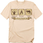 Beige t-shirt featuring distressed icons of Lightning Sand, Flame Spurts, and R.O.U.S. from The Princess Bride labeled “Three Terrors of the Fire Swamp.”