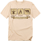 Beige t-shirt featuring distressed icons of Lightning Sand, Flame Spurts, and R.O.U.S. from The Princess Bride labeled “Three Terrors of the Fire Swamp.”