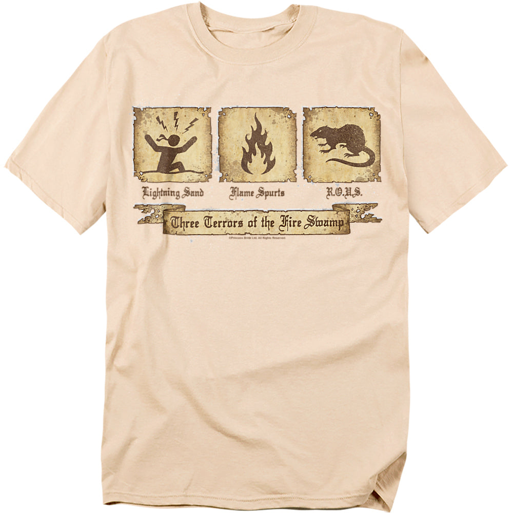 Beige t-shirt featuring distressed icons of Lightning Sand, Flame Spurts, and R.O.U.S. from The Princess Bride labeled “Three Terrors of the Fire Swamp.”