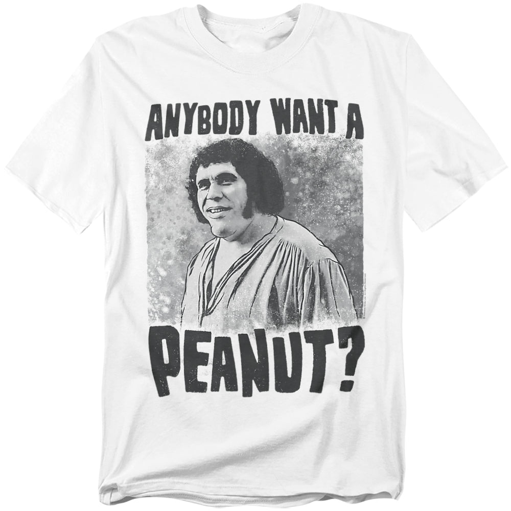 White Princess Bride t-shirt featuring André the Giant as Fezzik with the quote “Anybody want a peanut?” in bold black letters.