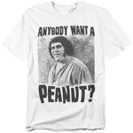 White Princess Bride t-shirt featuring André the Giant as Fezzik with the quote “Anybody want a peanut?” in bold black letters.