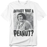 White Princess Bride t-shirt featuring André the Giant as Fezzik with the quote “Anybody want a peanut?” in bold black letters.