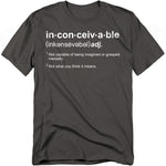 Charcoal gray Princess Bride t-shirt featuring the word “Inconceivable” styled like a dictionary entry with humorous definitions referencing the film.