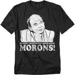 Black The Princess Bride t-shirt with a graphic of Vizzini and the quote: “Plato? Aristotle? Socrates? Morons!” in distressed white lettering.