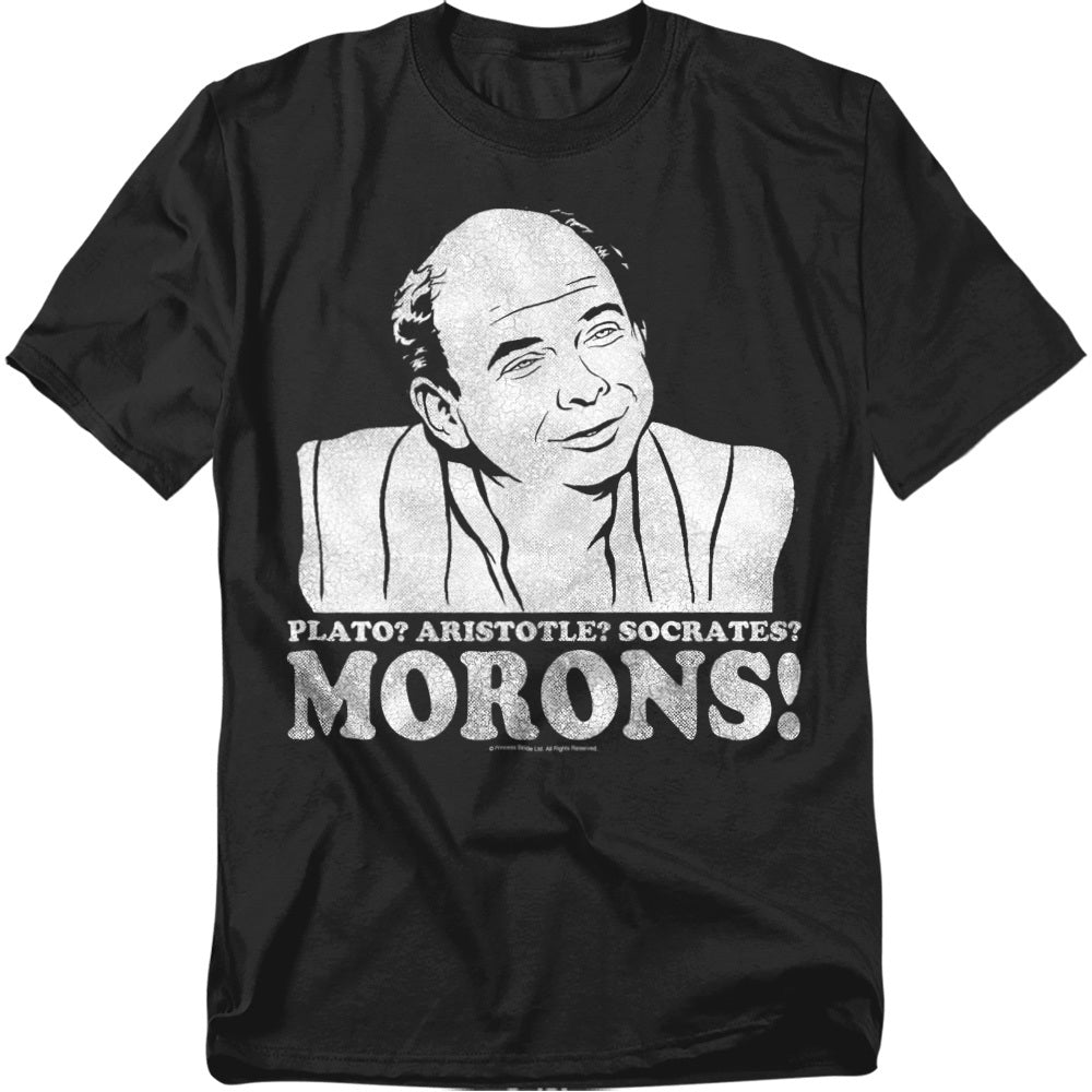 Black The Princess Bride t-shirt with a graphic of Vizzini and the quote: “Plato? Aristotle? Socrates? Morons!” in distressed white lettering.