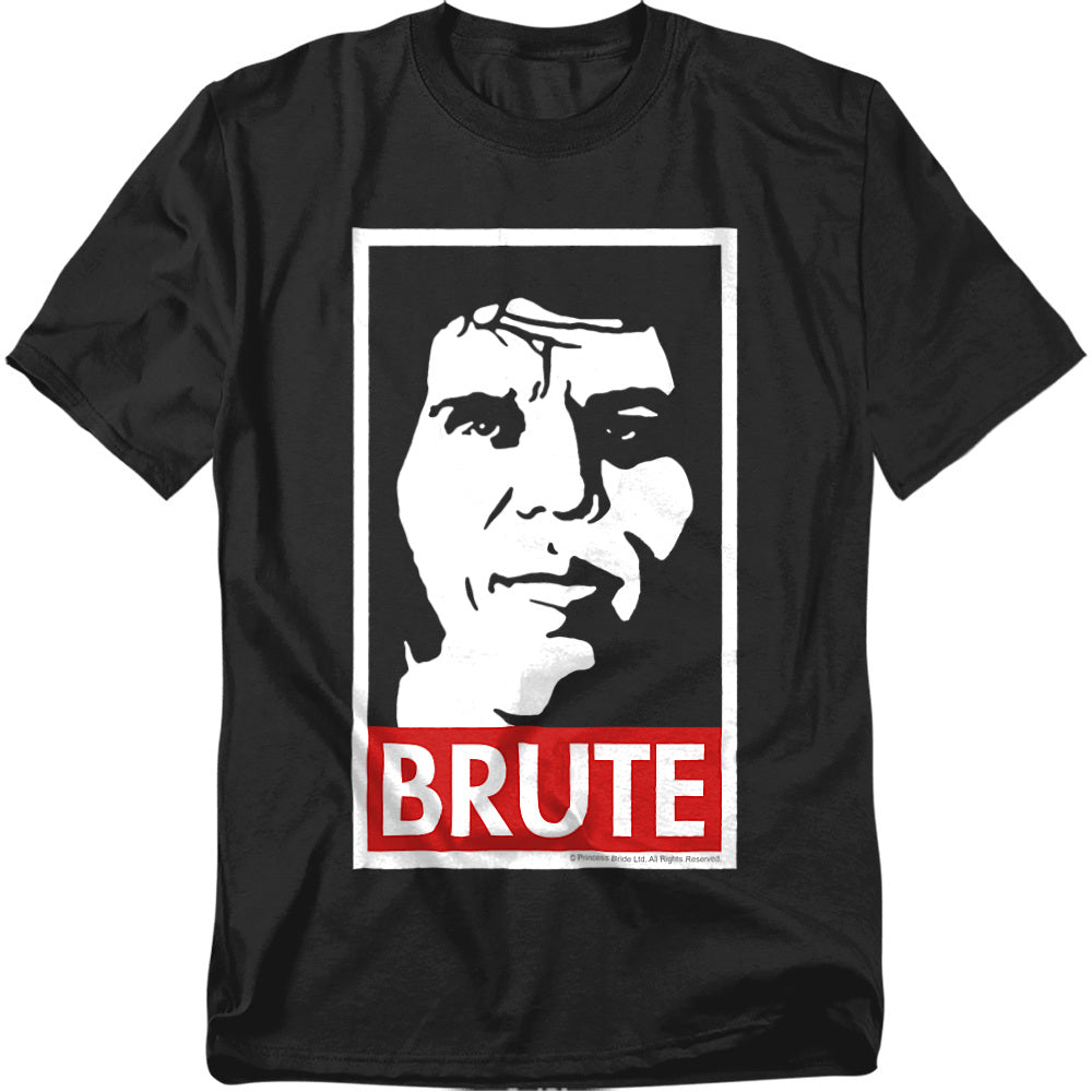 Black The Princess Bride t-shirt featuring a bold stencil-style portrait of Fezzik (Andre the Giant) with the word “BRUTE” in red and white block letters beneath.