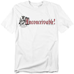 White The Princess Bride t-shirt featuring the word “Inconceivable!” in bold medieval lettering with a decorative crest design.