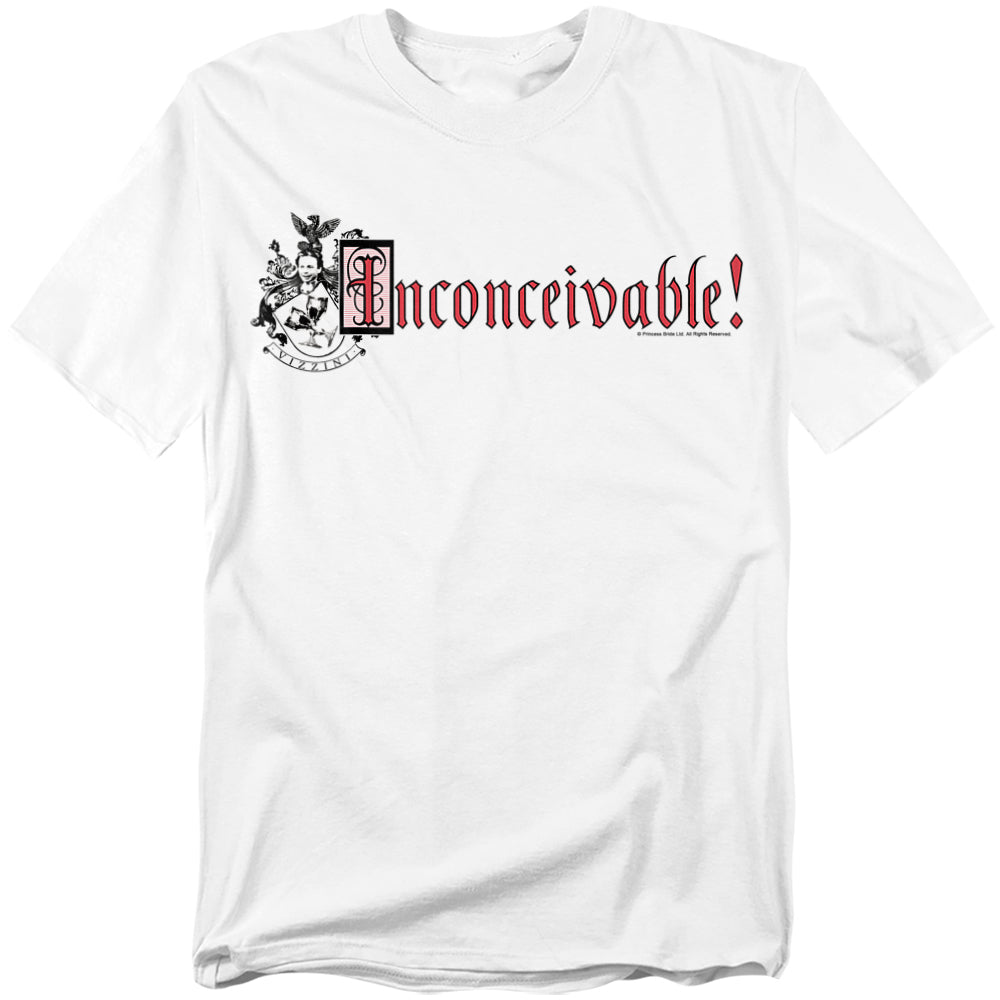 White The Princess Bride t-shirt featuring the word “Inconceivable!” in bold medieval lettering with a decorative crest design.