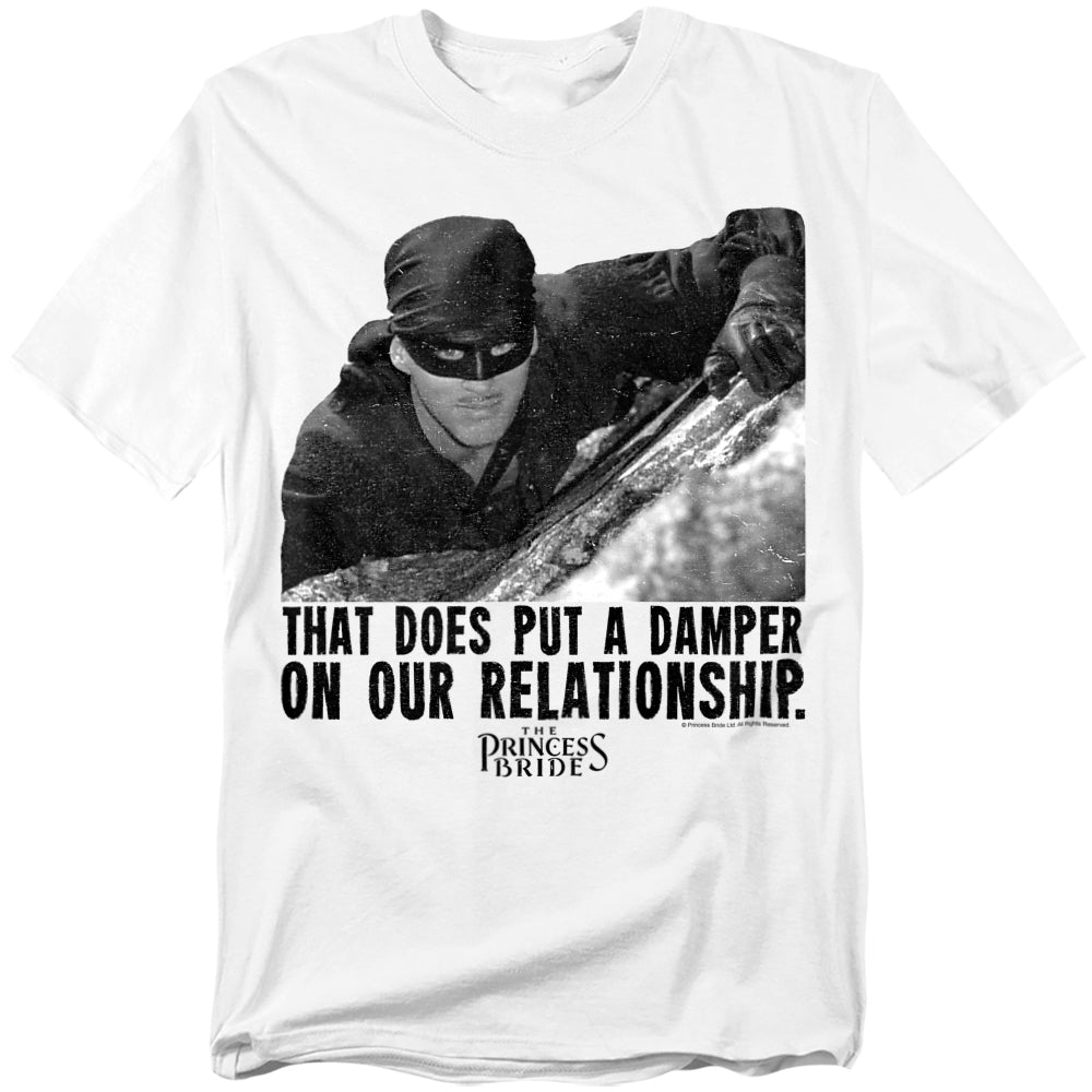 White t-shirt featuring Westley from The Princess Bride climbing a cliff with the quote “That does put a damper on our relationship.”

White t-shirt featuring Westley from The Princess Bride climbing a cliff with the quote “That does put a damper on our relationship.”