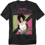 Black t-shirt featuring Whitney Houston with text “I Wanna Dance With Somebody” in pink lettering and neon 80s graphics.