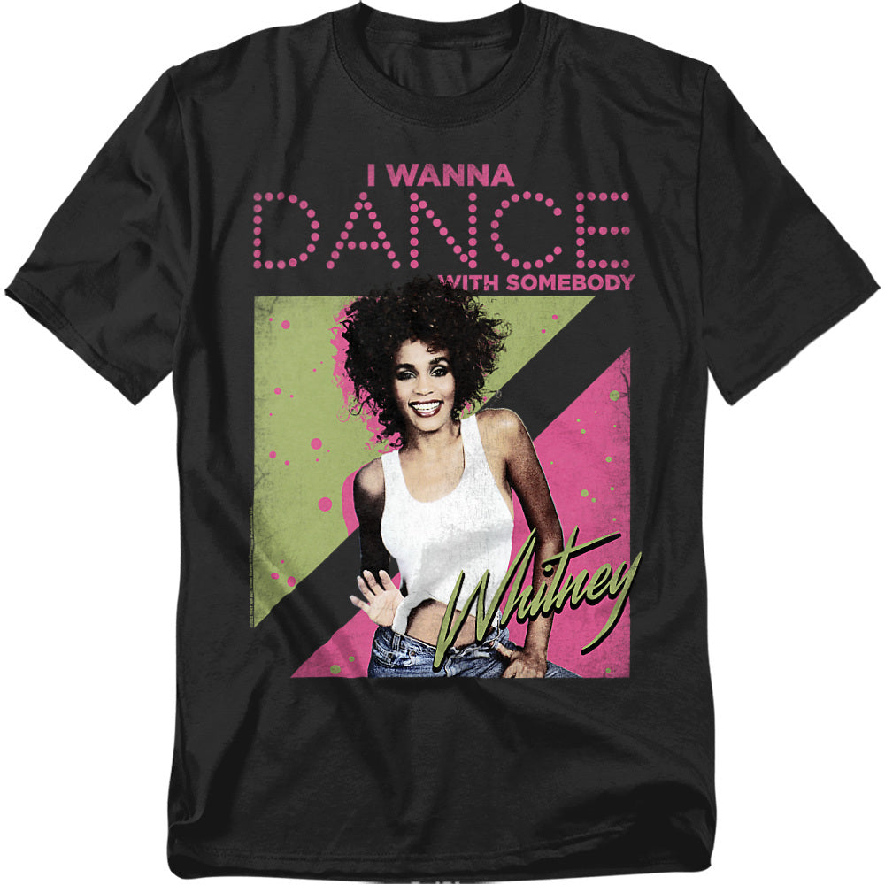 Black t-shirt featuring Whitney Houston with text “I Wanna Dance With Somebody” in pink lettering and neon 80s graphics.