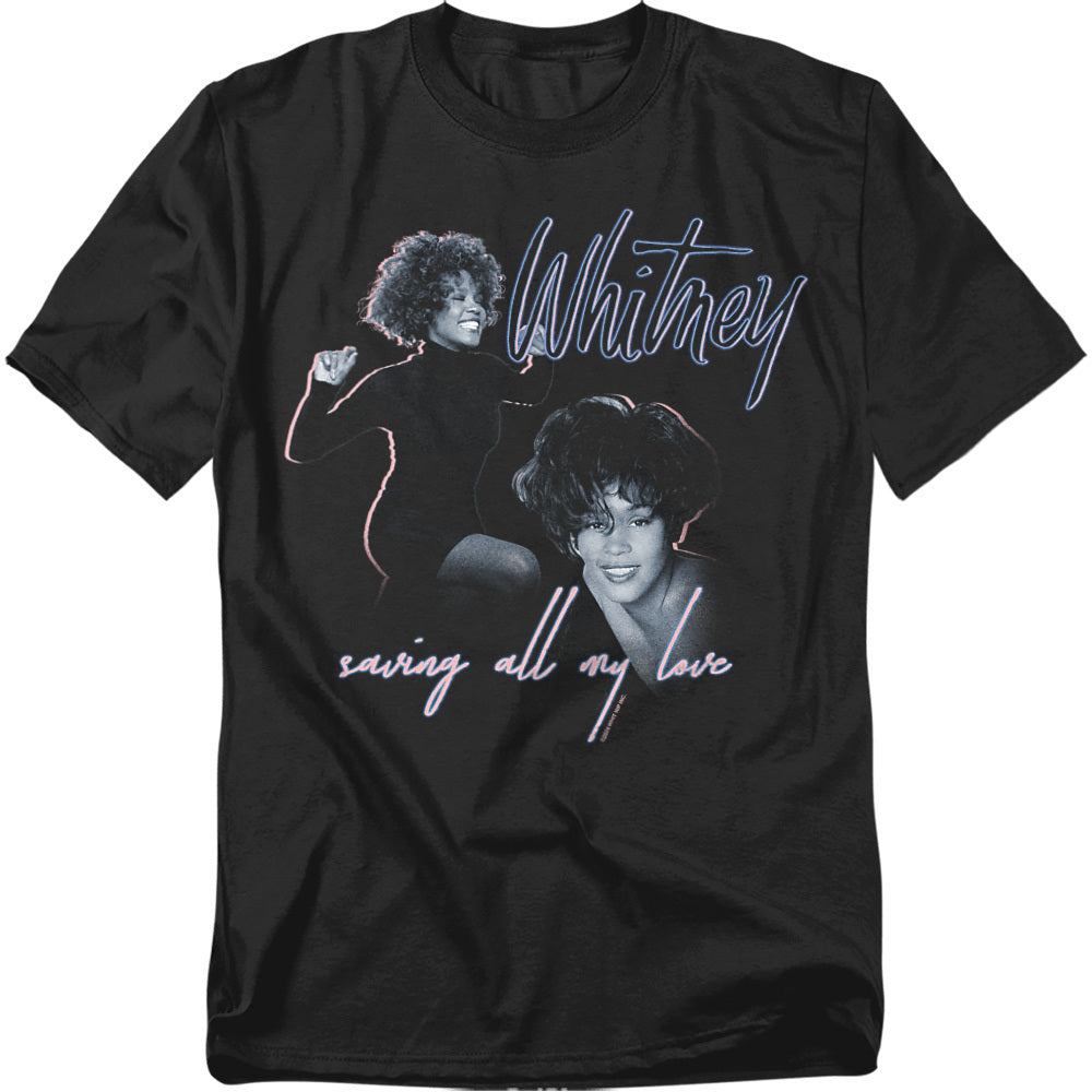 Black t-shirt featuring Whitney Houston portraits with neon script text “Whitney” and “Saving All My Love.”