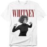 White t-shirt with bold red “WHITNEY” text and a black-and-white photo of Whitney Houston smiling in a joyful pose with raised arms.