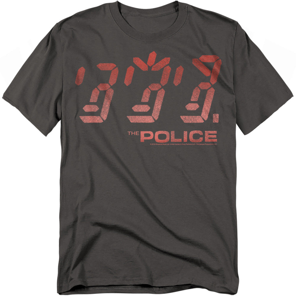 Charcoal t-shirt featuring The Police Ghost in the Machine album artwork with bold red digital-style numbers and band name below.