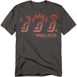 Charcoal t-shirt featuring The Police Ghost in the Machine album artwork with bold red digital-style numbers and band name below.