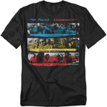 Black t-shirt featuring The Police Synchronicity album artwork with distressed red, yellow, and blue stripes layered over black-and-white band photos.
