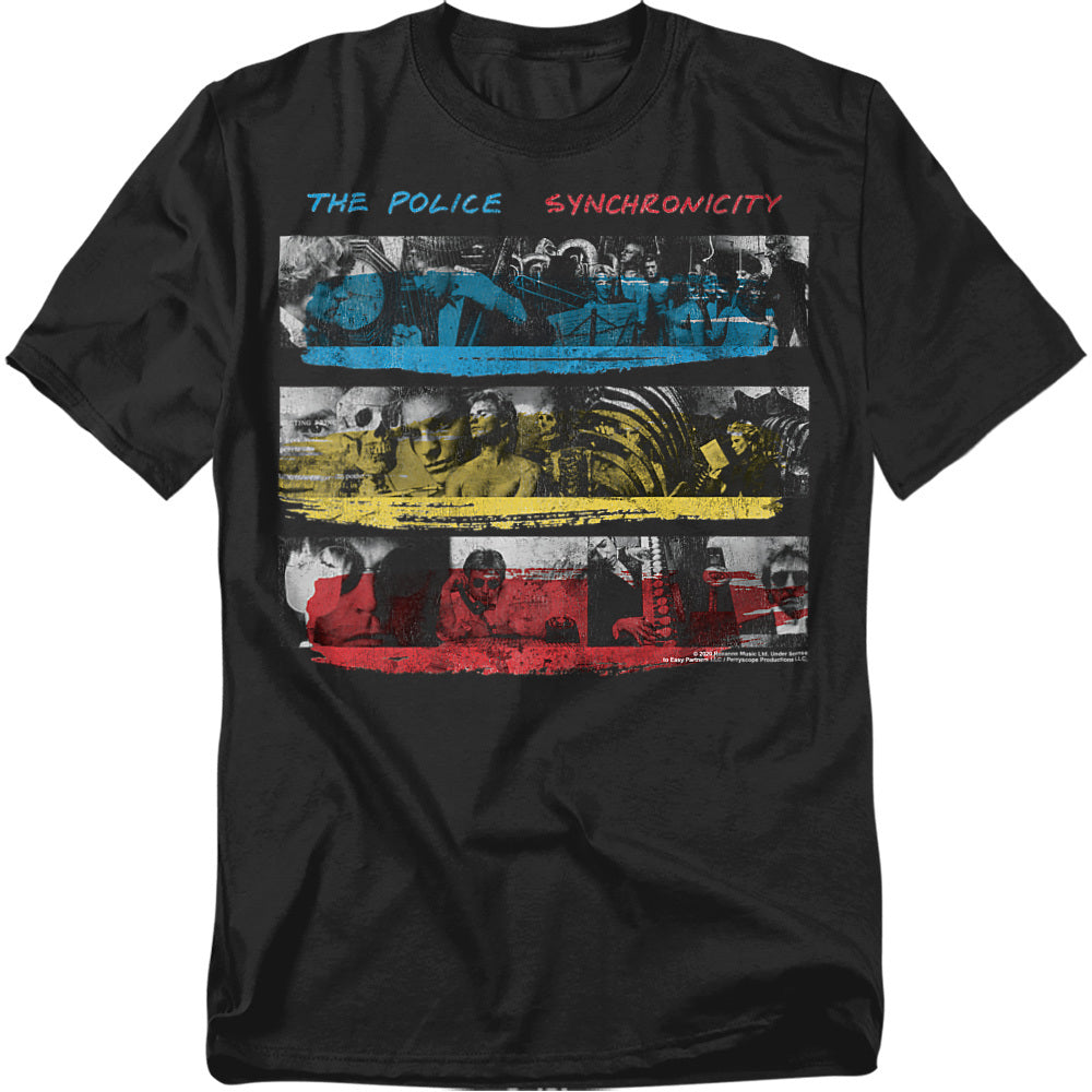 Black t-shirt featuring The Police Synchronicity album artwork with distressed red, yellow, and blue stripes layered over black-and-white band photos.