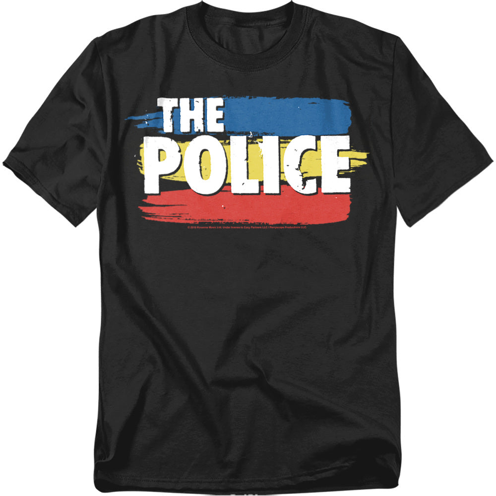 Black t-shirt with The Police logo in distressed white letters over horizontal blue, yellow, and red brushstroke stripes.
