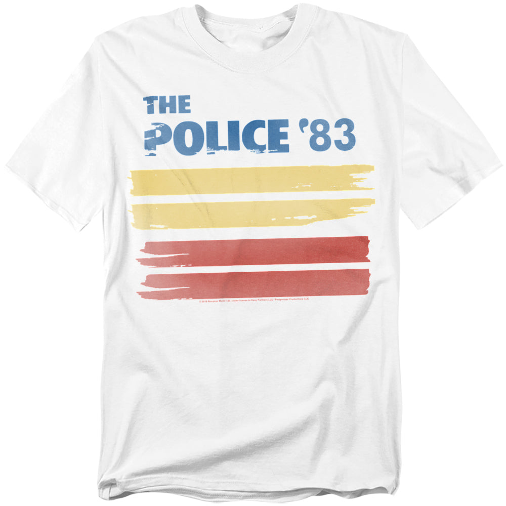 White t-shirt with 'The Police '83' text and colorful stripes on a white background