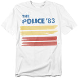 White t-shirt with 'The Police '83' text and colorful stripes on a white background