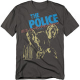 Dark gray t-shirt featuring a distressed yellow print of The Police band members with “The Police” in bold blue text above and red Japanese katakana spelling “Walking on the Moon.”