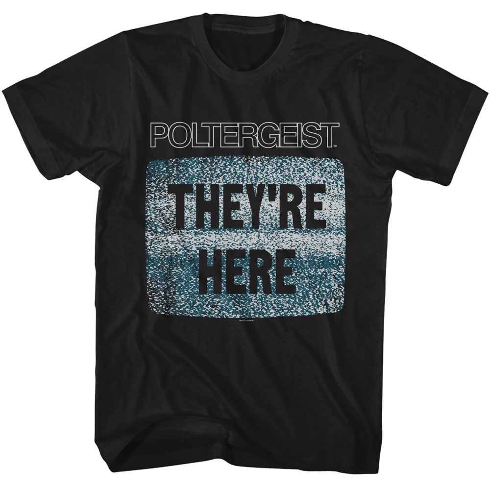 Black Poltergeist graphic T-shirt featuring television static artwork with the iconic They're Here quote