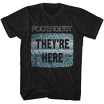 Black Poltergeist graphic T-shirt featuring television static artwork with the iconic They're Here quote