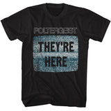 Black Poltergeist graphic T-shirt featuring television static artwork with the iconic They're Here quote