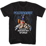 Black Poltergeist graphic T-shirt featuring creepy clown artwork with lightning effects and Look Behind You slogan