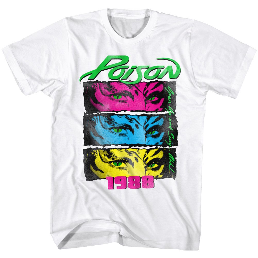 White T-shirt featuring neon pink, blue, and yellow Poison eye graphics with green logo and “1988” text.