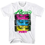 White T-shirt featuring neon pink, blue, and yellow Poison eye graphics with green logo and “1988” text.