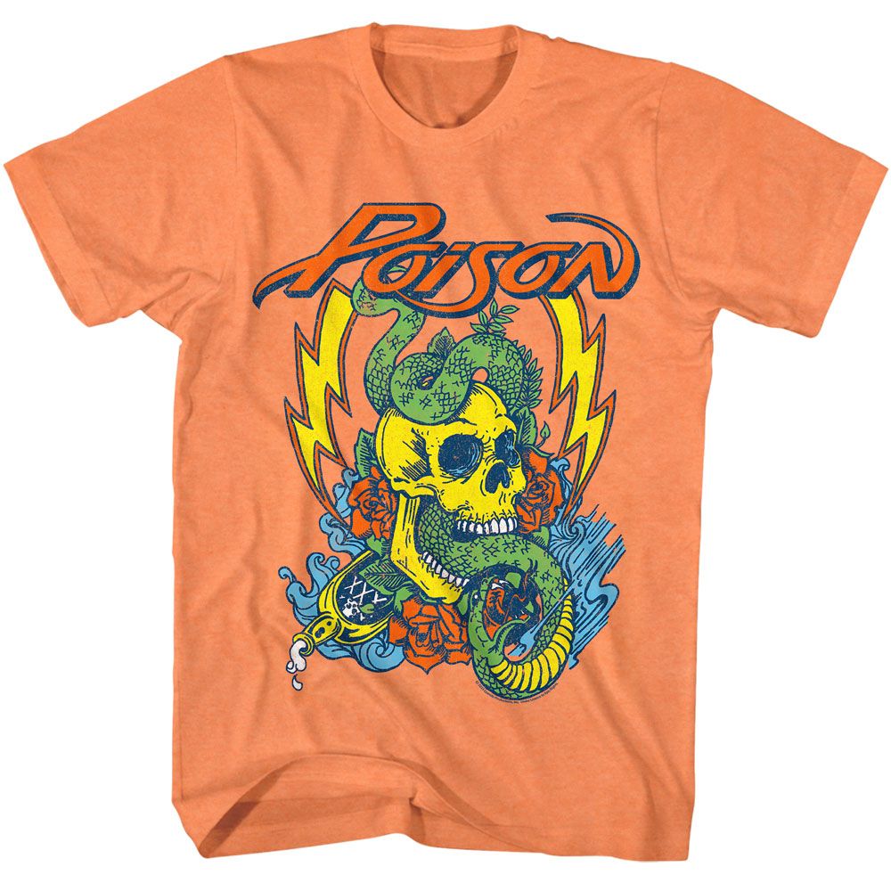 Orange T-shirt featuring Poison logo above a yellow skull wrapped in a green snake with roses and lightning bolts.