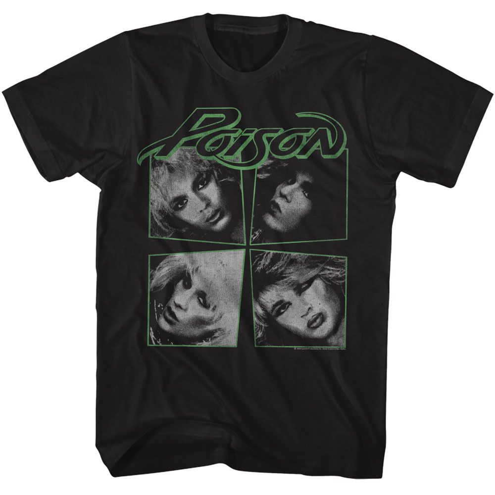 Black T-shirt featuring four black-and-white Poison band portraits outlined in neon green with Poison logo.