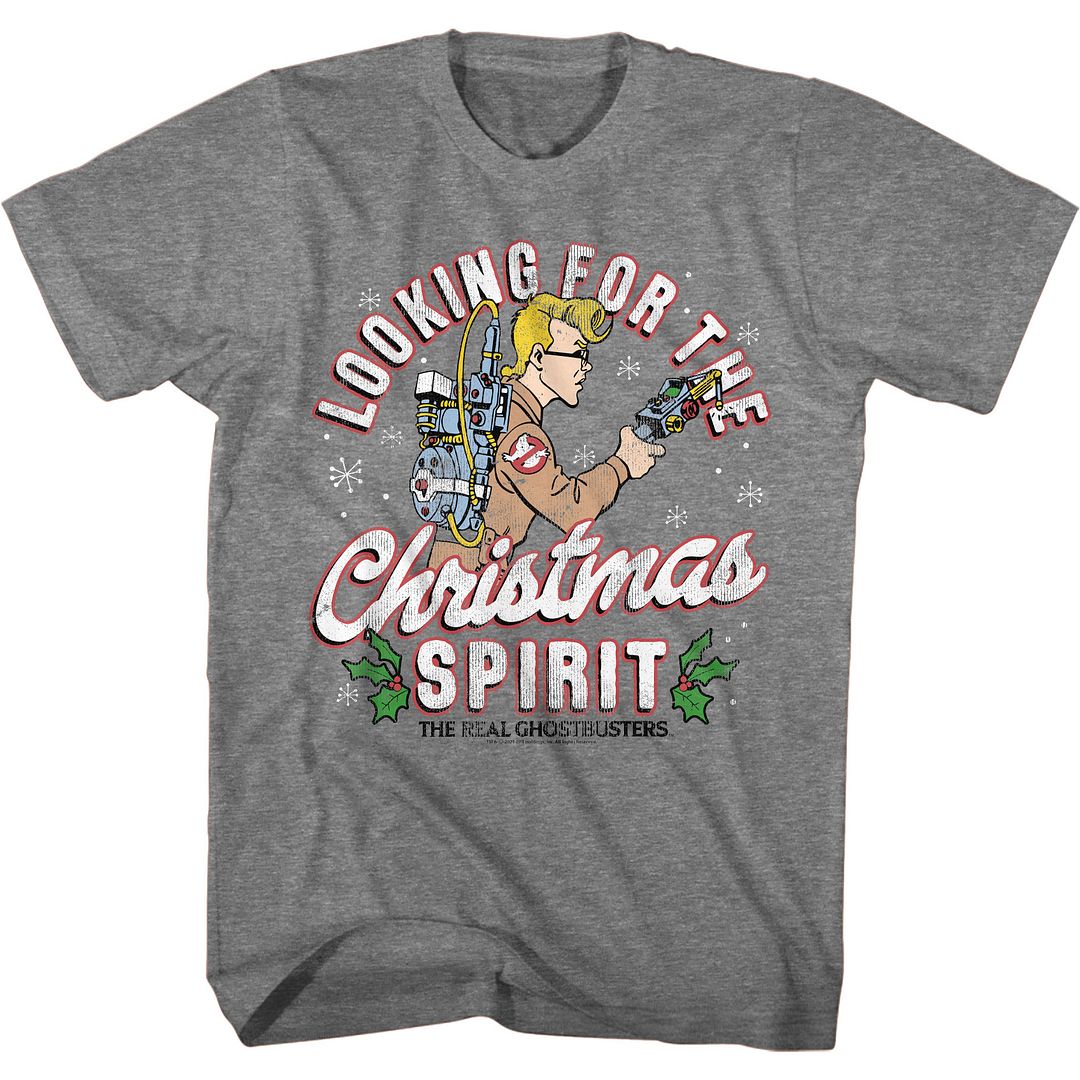 Heather gray t-shirt featuring Egon from The Real Ghostbusters aiming a proton pack with the text “Looking for the Christmas Spirit.”