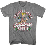 Heather gray t-shirt featuring Egon from The Real Ghostbusters aiming a proton pack with the text “Looking for the Christmas Spirit.”