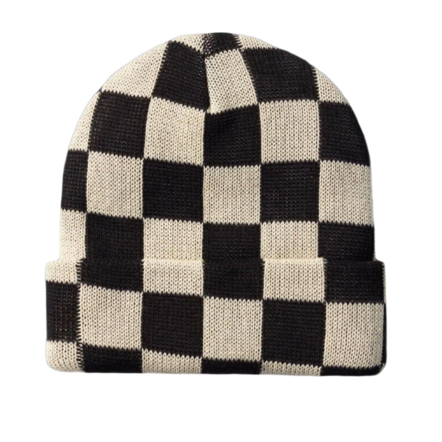 Black and white checkered beanie on a light beige background