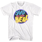 White T-shirt with colorful distressed “Saved by the Bell” logo graphic.